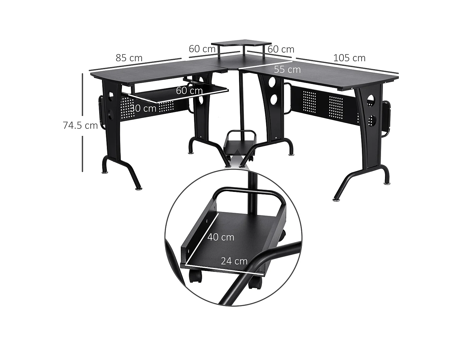 Scrivania angolare con ripiano tastiera in mdf e acciaio nera