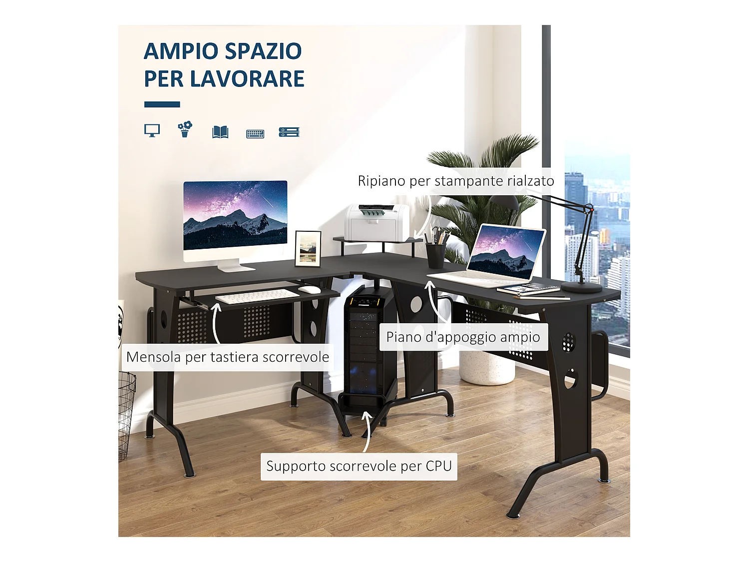 Scrivania angolare con ripiano tastiera in mdf e acciaio nera