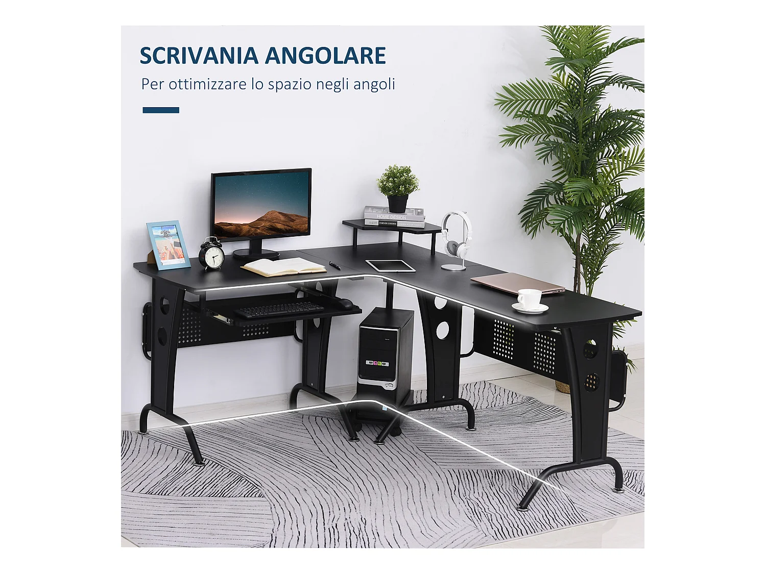 Scrivania angolare con ripiano tastiera in mdf e acciaio nera