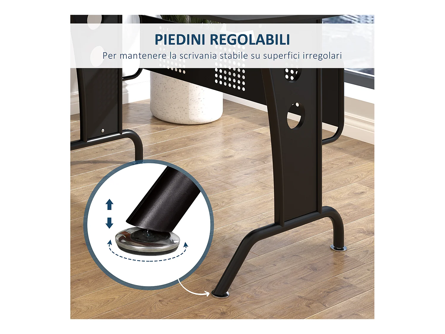 Scrivania angolare con ripiano tastiera in mdf e acciaio nera