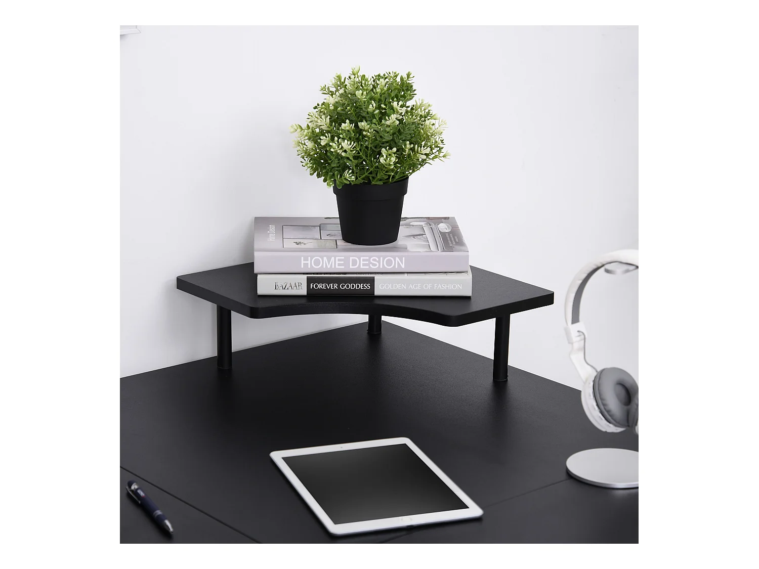 Scrivania angolare con ripiano tastiera in mdf e acciaio nera