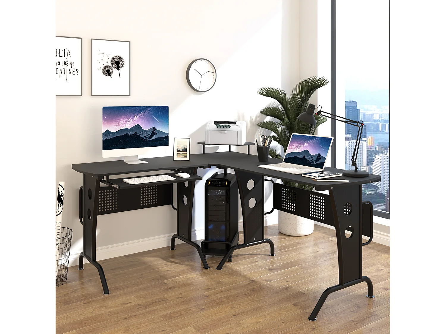 Scrivania angolare con ripiano tastiera in mdf e acciaio nera