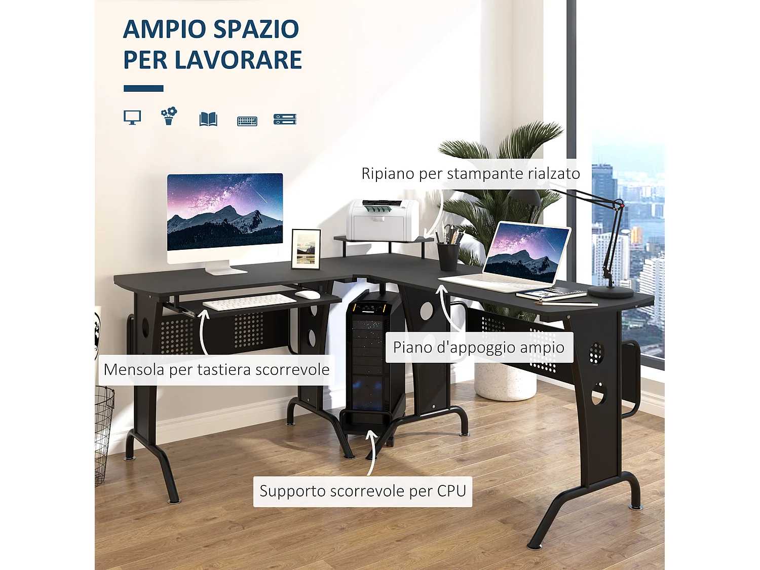 Scrivania angolare con ripiano tastiera in mdf e acciaio nera