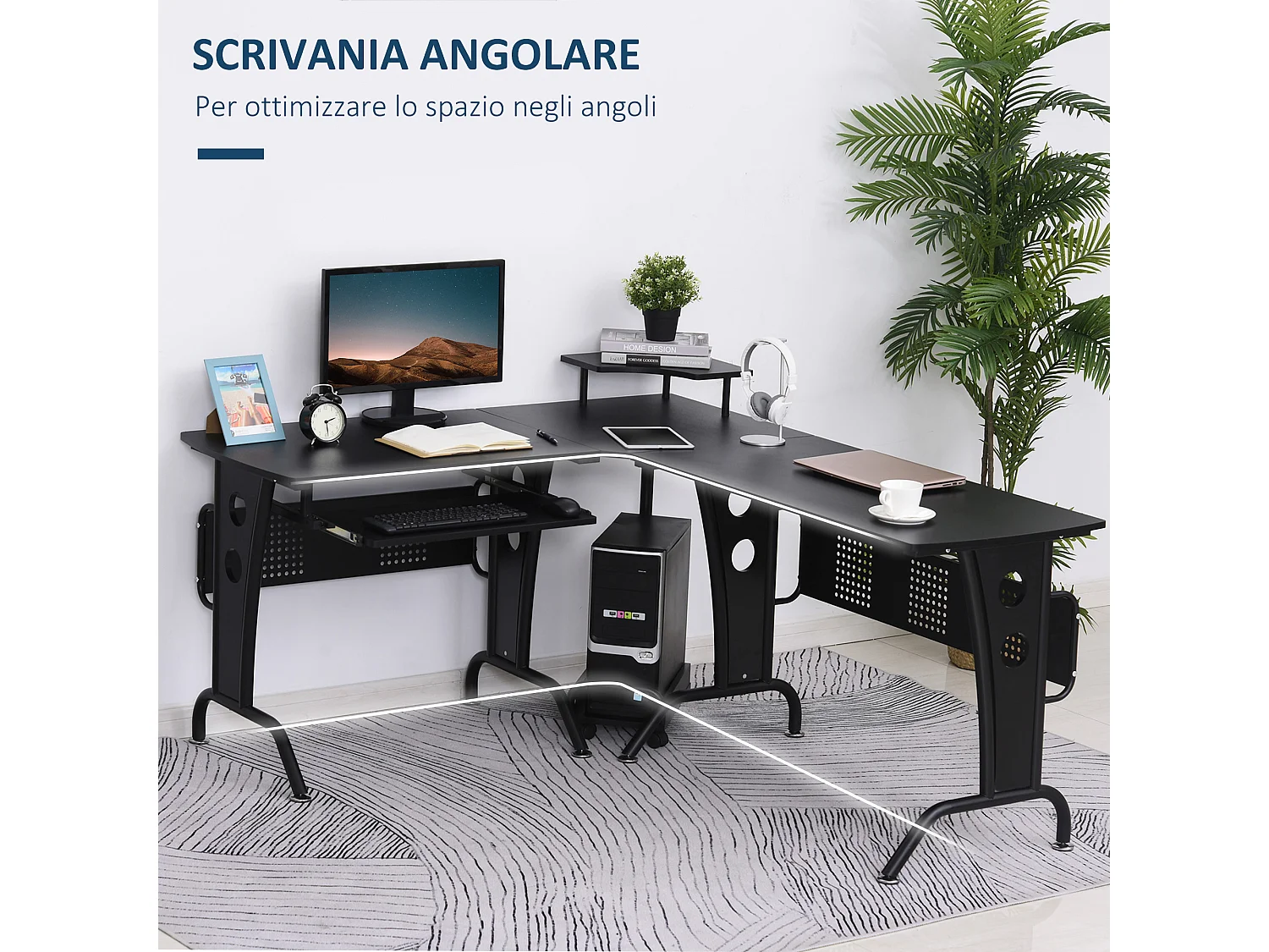 Scrivania angolare con ripiano tastiera in mdf e acciaio nera