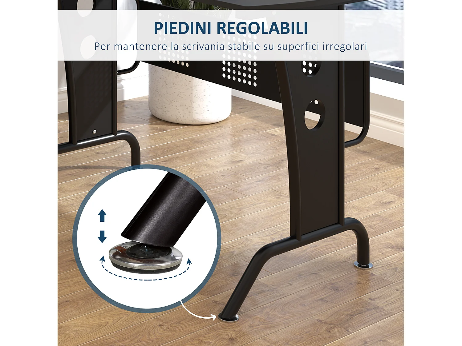 Scrivania angolare con ripiano tastiera in mdf e acciaio nera