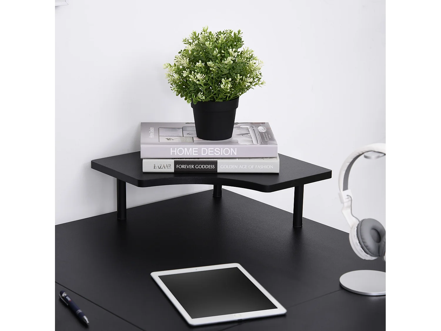 Scrivania angolare con ripiano tastiera in mdf e acciaio nera