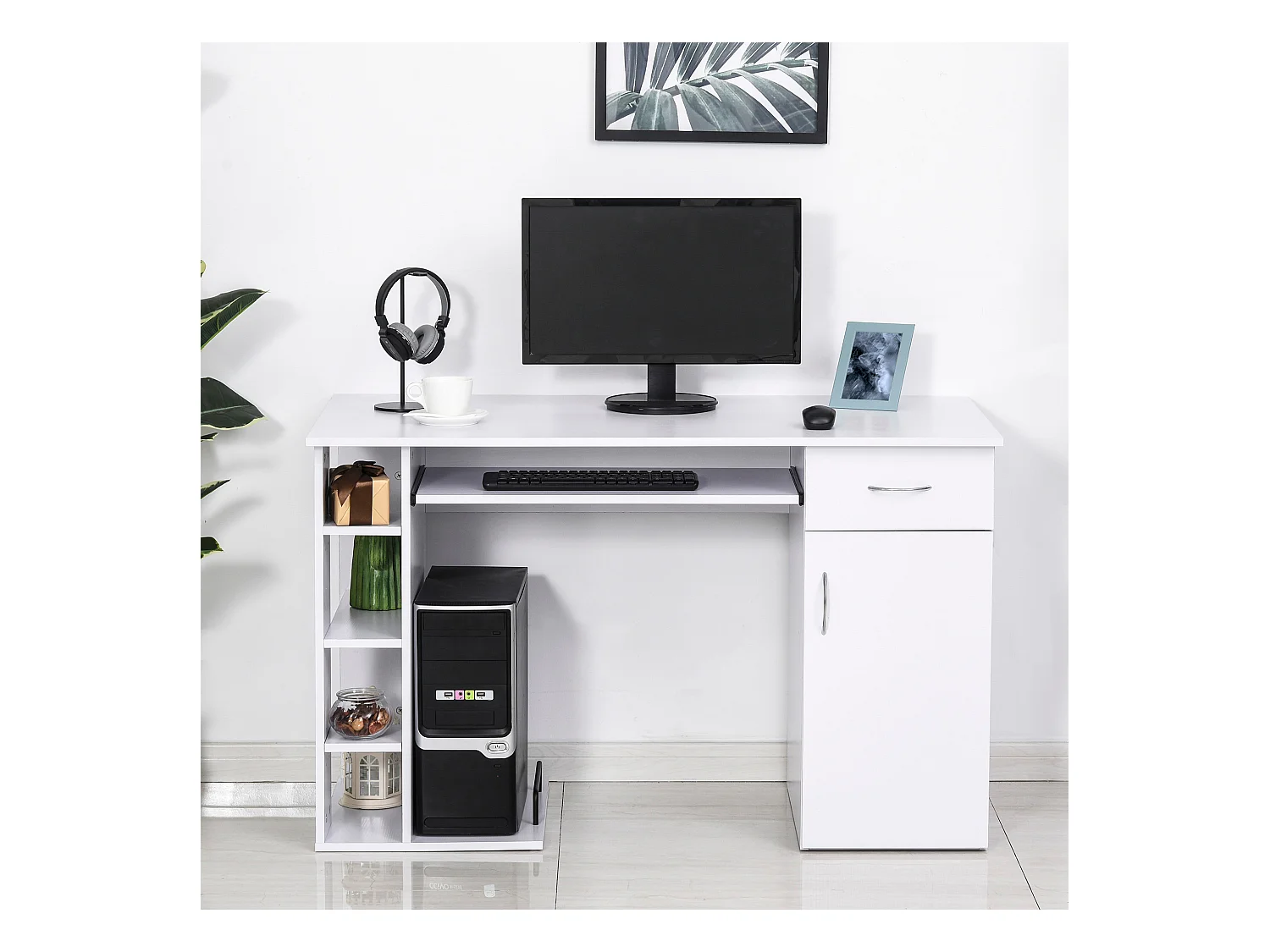 Scrivania per pc ergonomica con mensole in mdf bianca