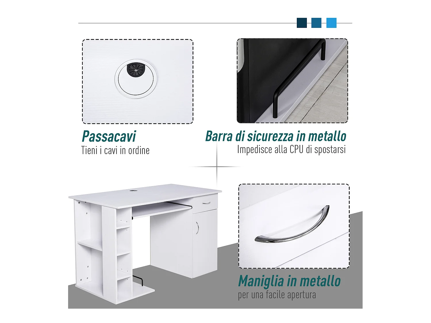 Scrivania per pc ergonomica con mensole in mdf bianca