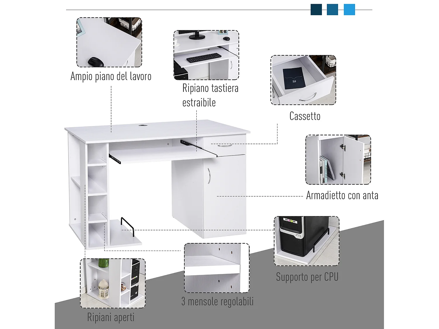 Scrivania per pc ergonomica con mensole in mdf bianca