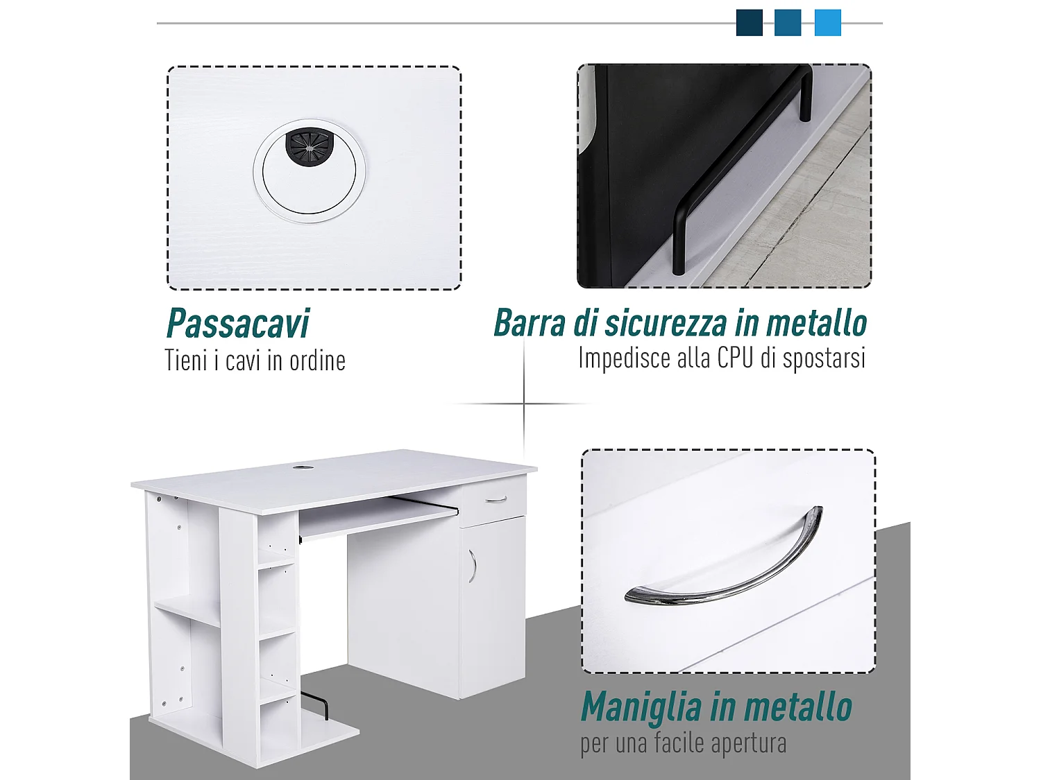 Scrivania per pc ergonomica con mensole in mdf bianca