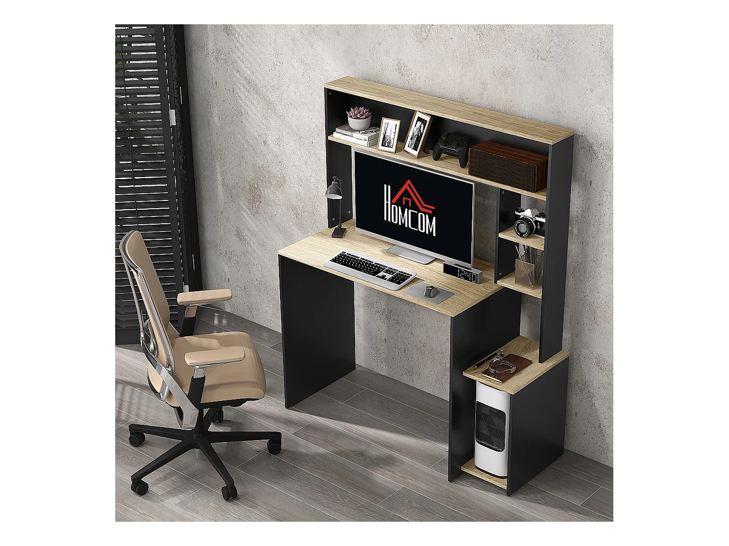 Scrivania moderna con ripiani e supporto per cpu in legno grigio