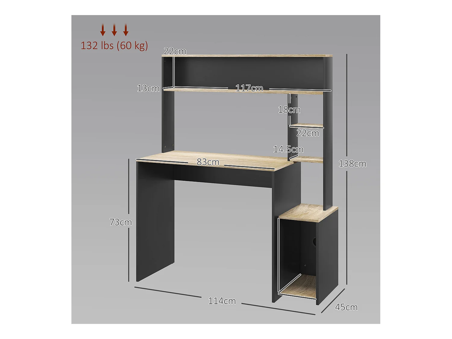 Scrivania moderna con ripiani e supporto per cpu in legno grigio