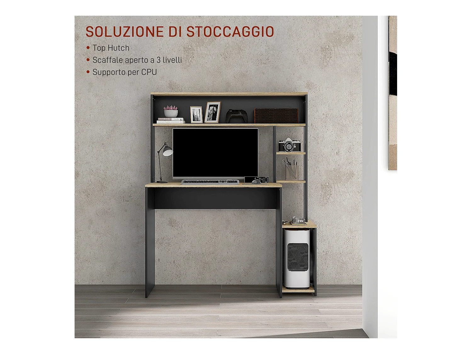 Scrivania moderna con ripiani e supporto per cpu in legno grigio