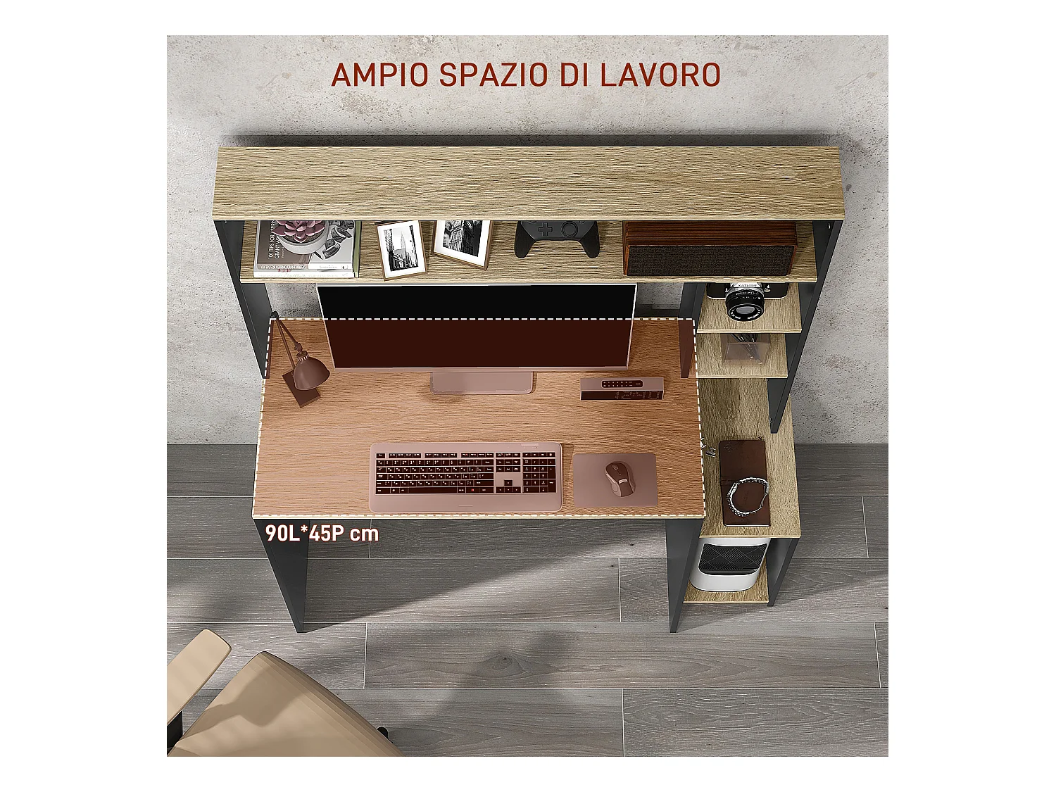 Scrivania moderna con ripiani e supporto per cpu in legno grigio