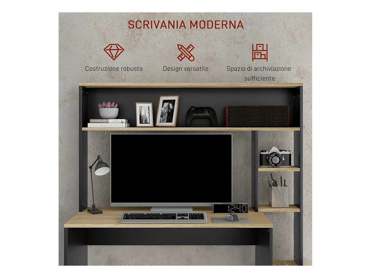 Scrivania moderna con ripiani e supporto per cpu in legno grigio