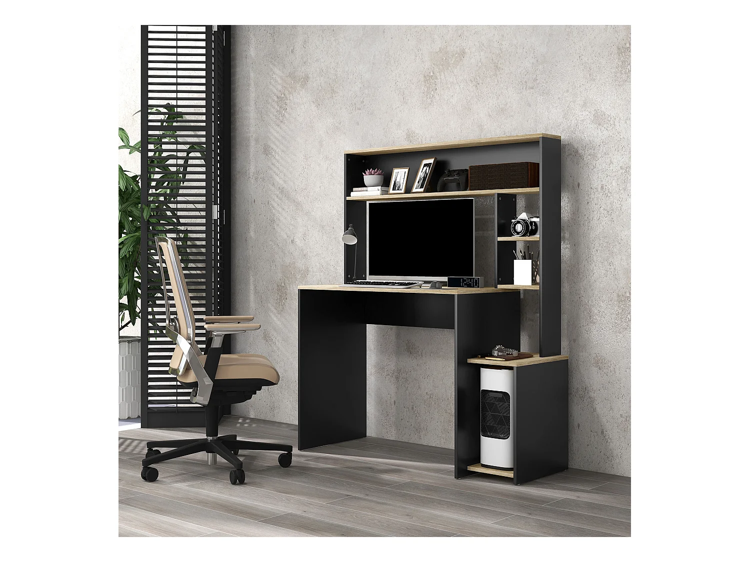 Scrivania moderna con ripiani e supporto per cpu in legno grigio