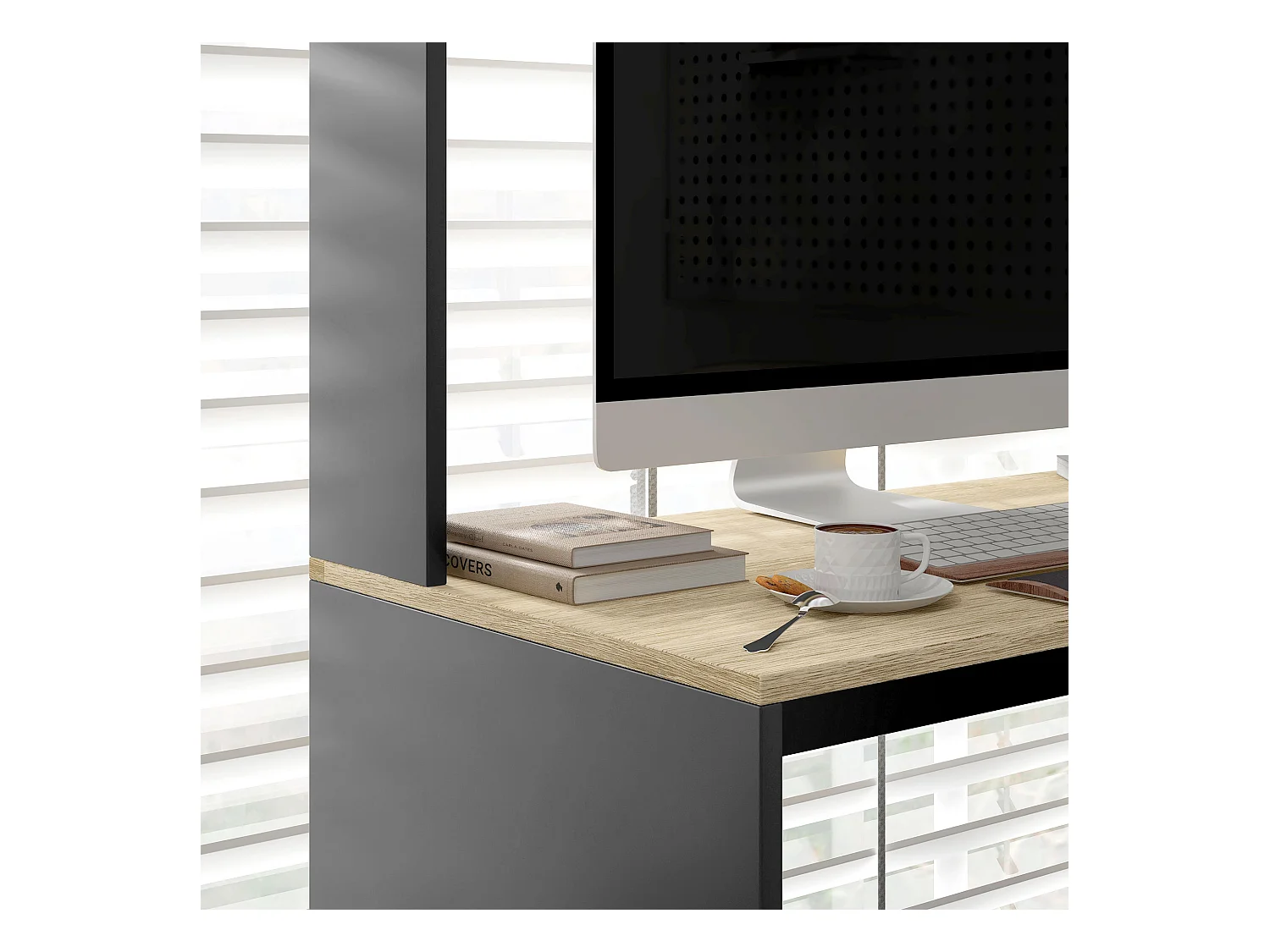 Scrivania moderna con ripiani e supporto per cpu in legno grigio