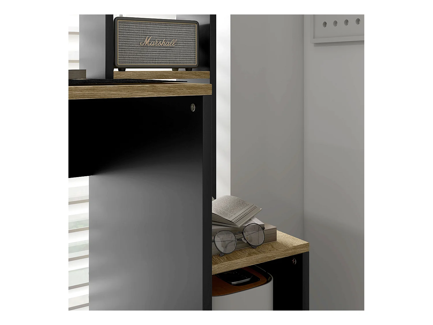 Scrivania moderna con ripiani e supporto per cpu in legno grigio