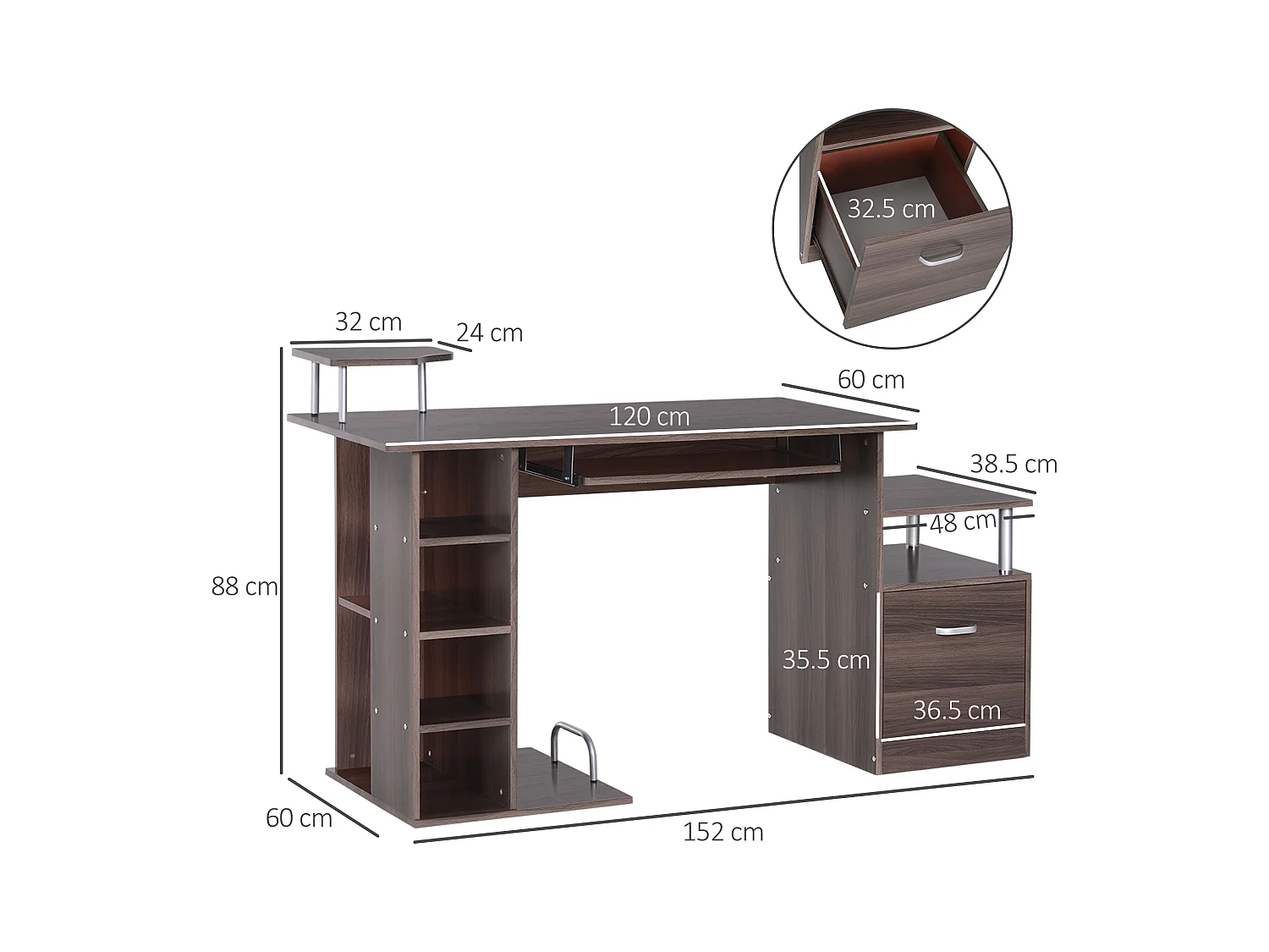 Scrivania con cassetto e scaffale in legno marrone