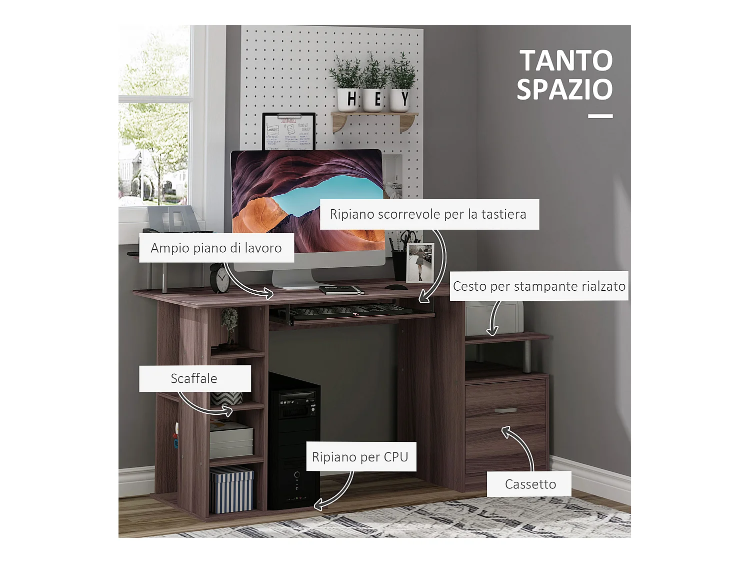 Scrivania con cassetto e scaffale in legno marrone