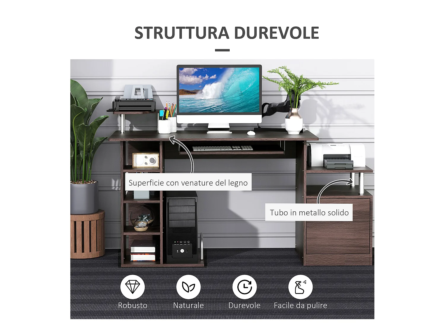 Scrivania con cassetto e scaffale in legno marrone