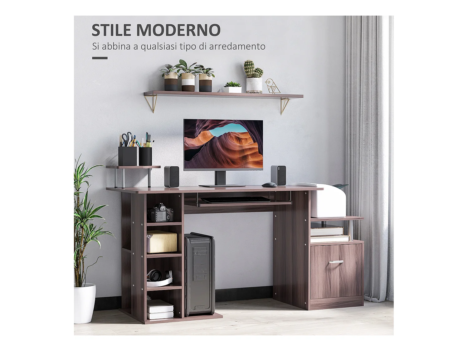 Scrivania con cassetto e scaffale in legno marrone