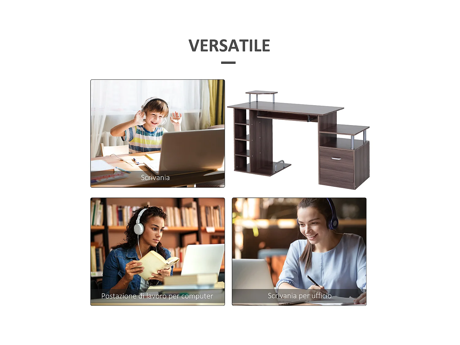 Scrivania con cassetto e scaffale in legno marrone