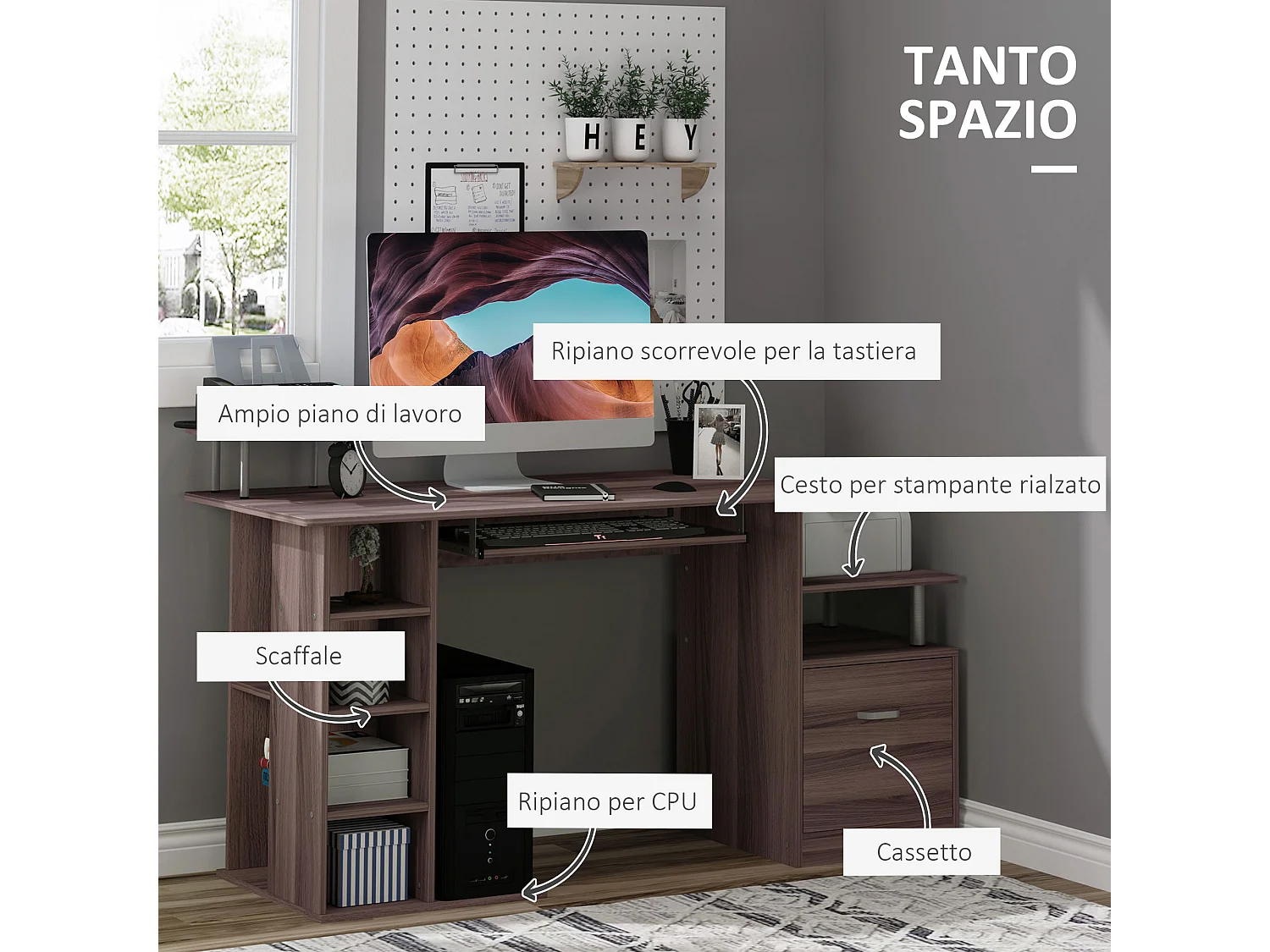 Scrivania con cassetto e scaffale in legno marrone