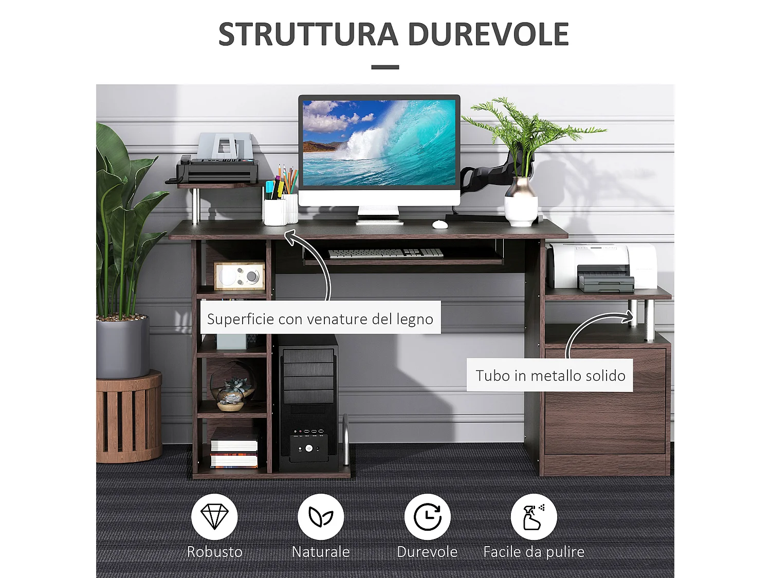 Scrivania con cassetto e scaffale in legno marrone