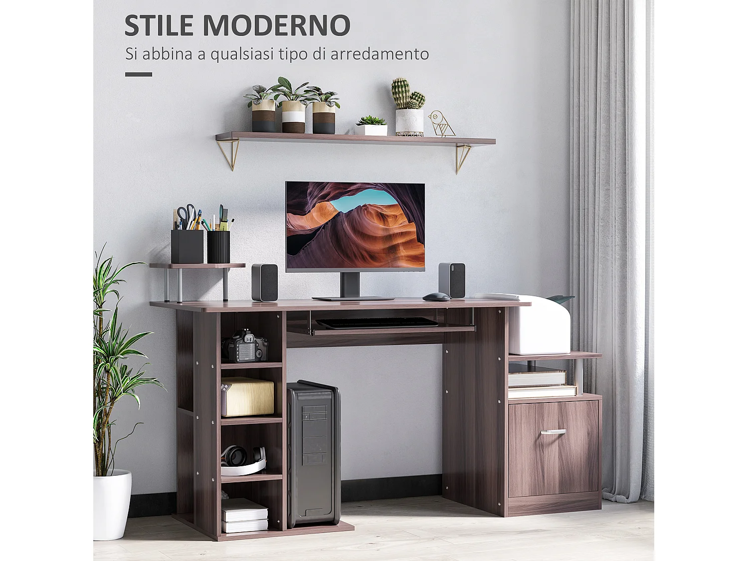 Scrivania con cassetto e scaffale in legno marrone