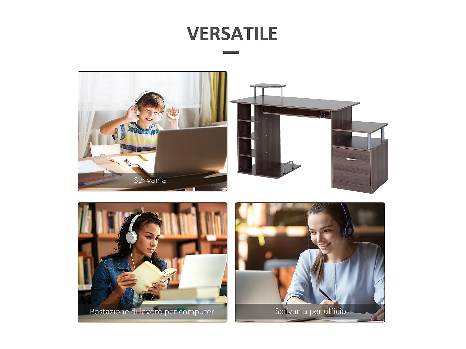 Scrivania con cassetto e scaffale in legno marrone