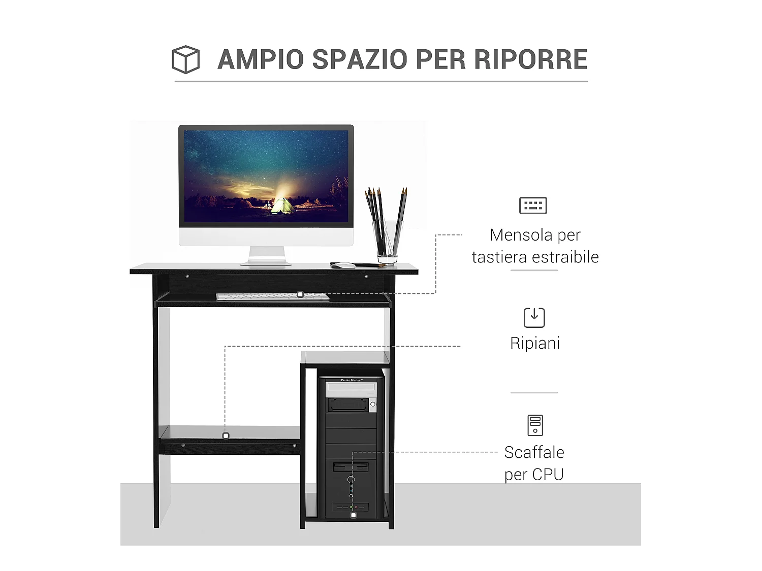 Scrivania pc con ripiano cpu e spazio per tastiera in truciolato nero