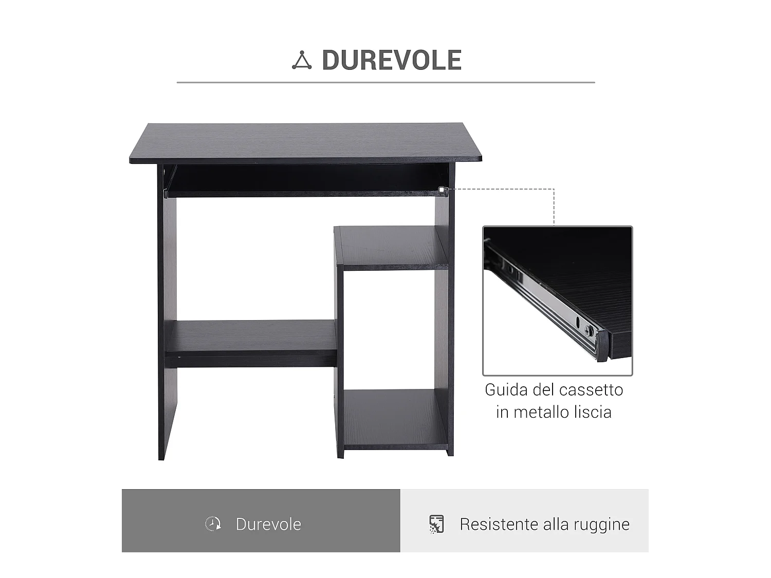 Scrivania pc con ripiano cpu e spazio per tastiera in truciolato nero