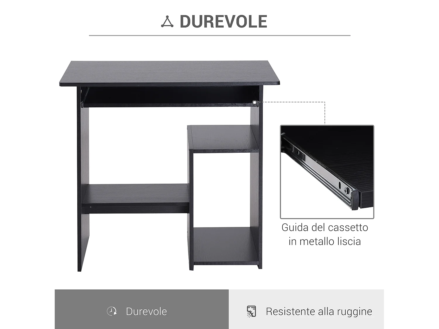 Scrivania pc con ripiano cpu e spazio per tastiera in truciolato nero