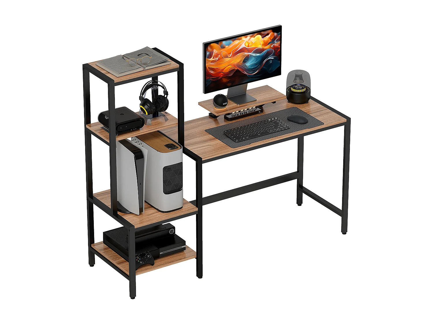 Scrivania con scaffale 4 ripiani e supporto per monitor marrone