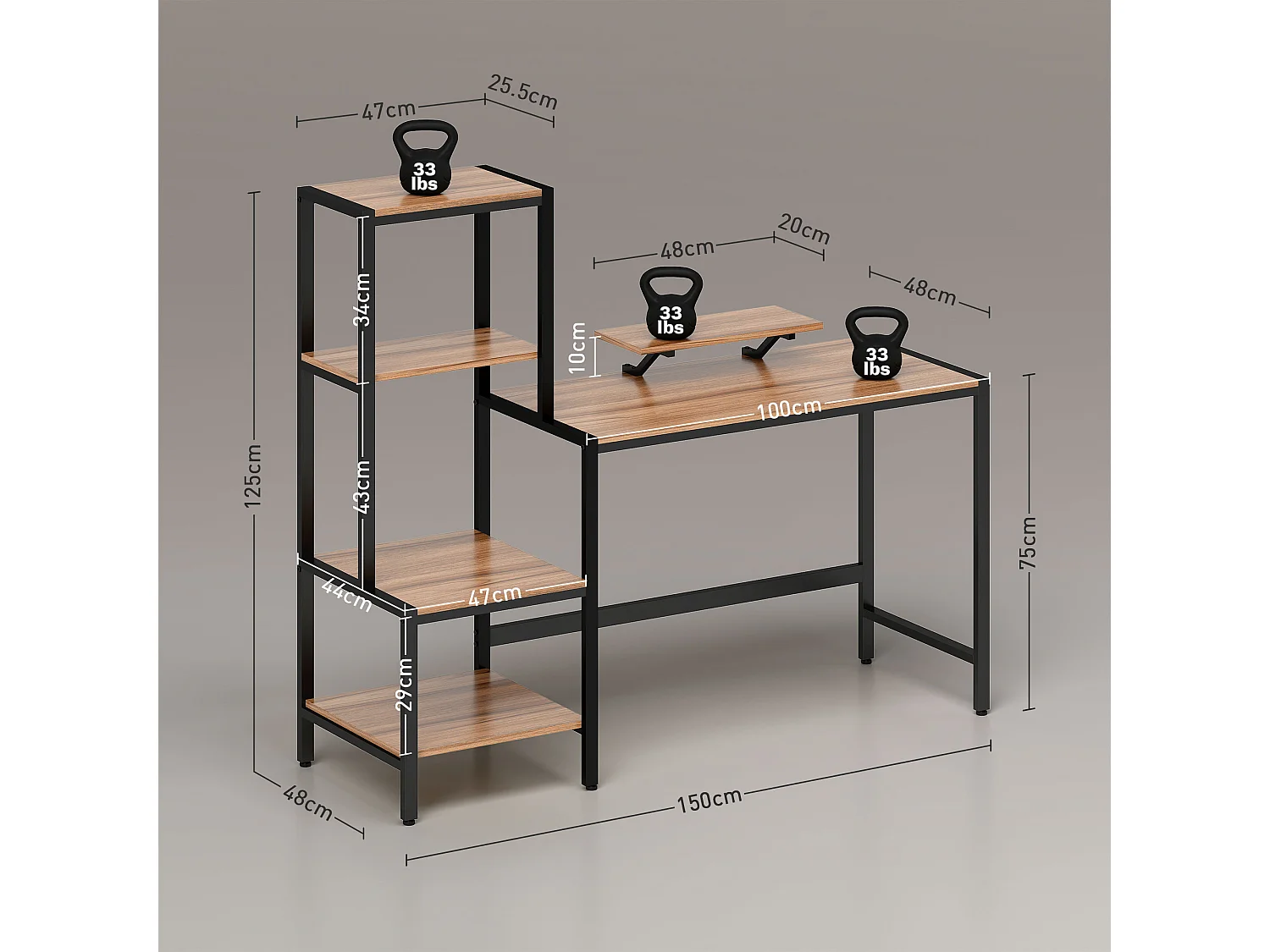 Scrivania con scaffale 4 ripiani e supporto per monitor marrone