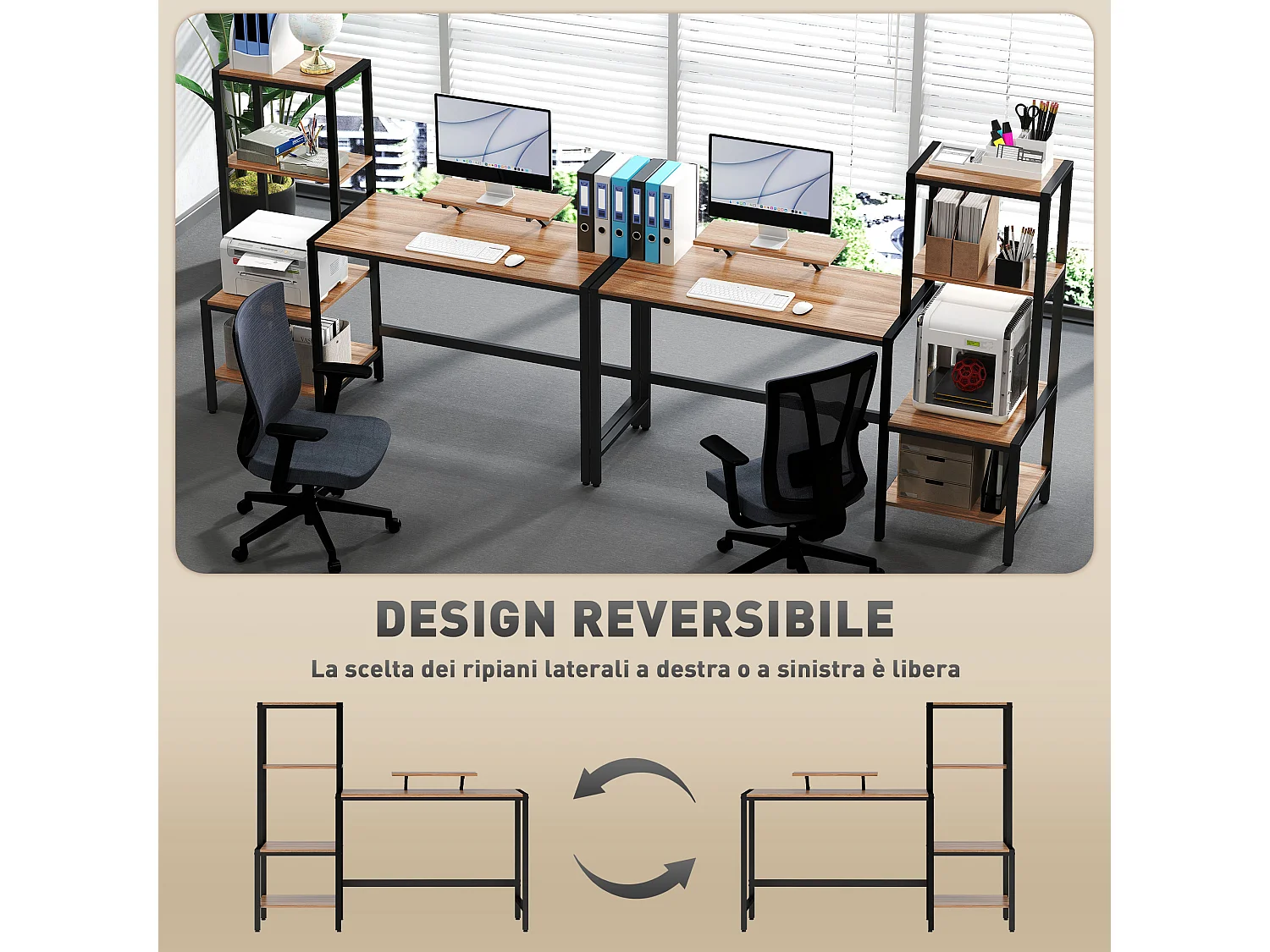 Scrivania con scaffale 4 ripiani e supporto per monitor marrone