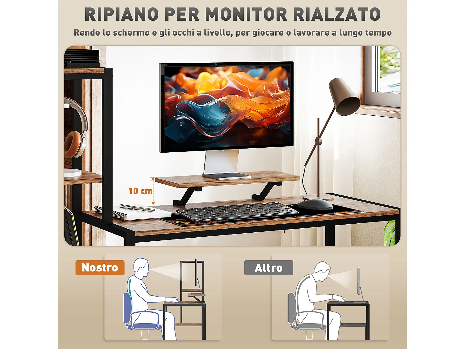 Scrivania con scaffale 4 ripiani e supporto per monitor marrone