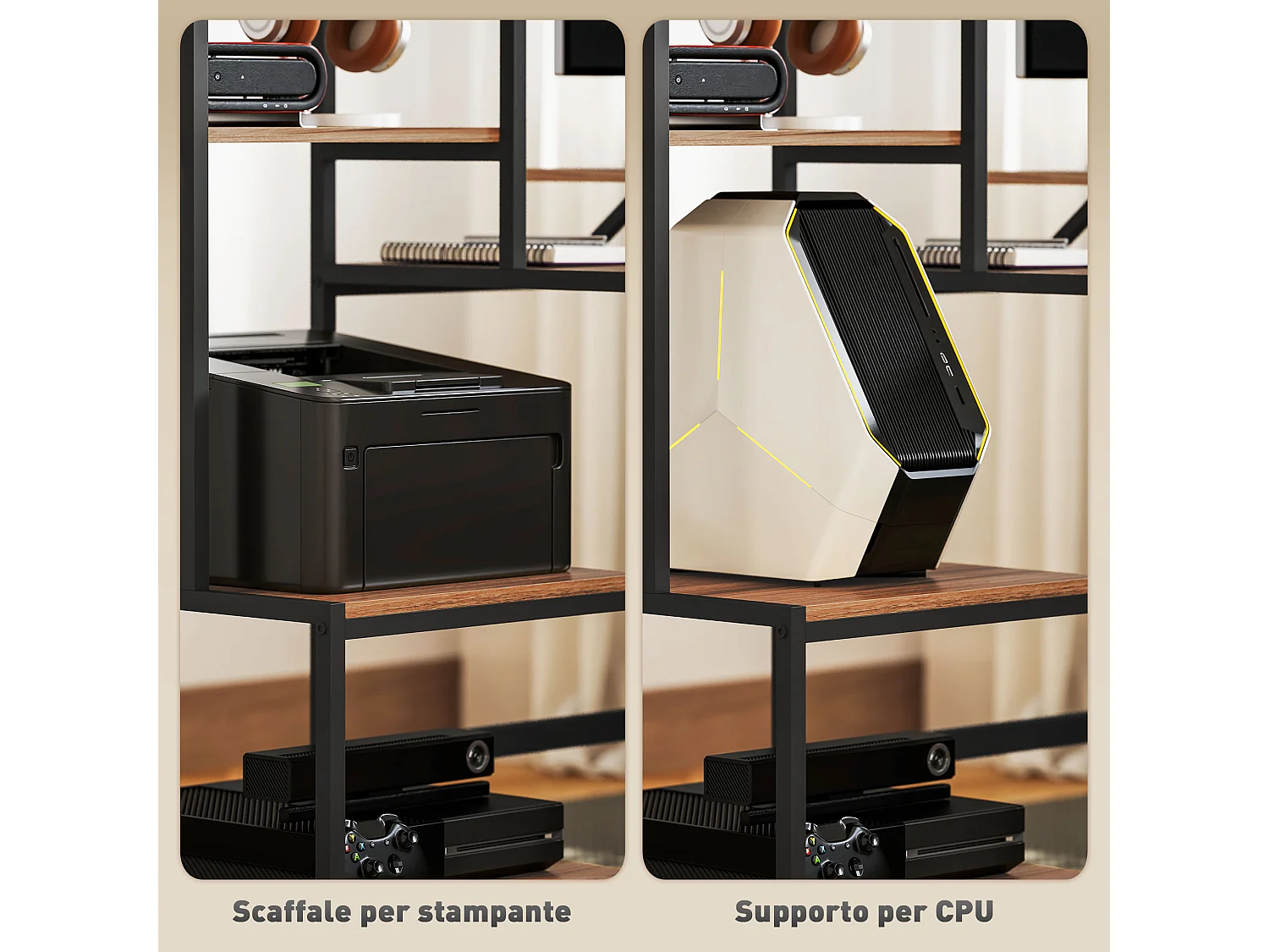 Scrivania con scaffale 4 ripiani e supporto per monitor marrone
