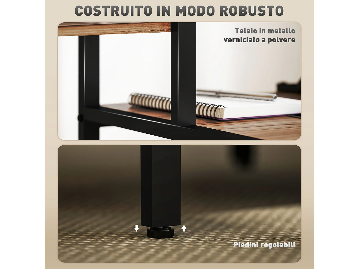 Scrivania con scaffale 4 ripiani e supporto per monitor marrone