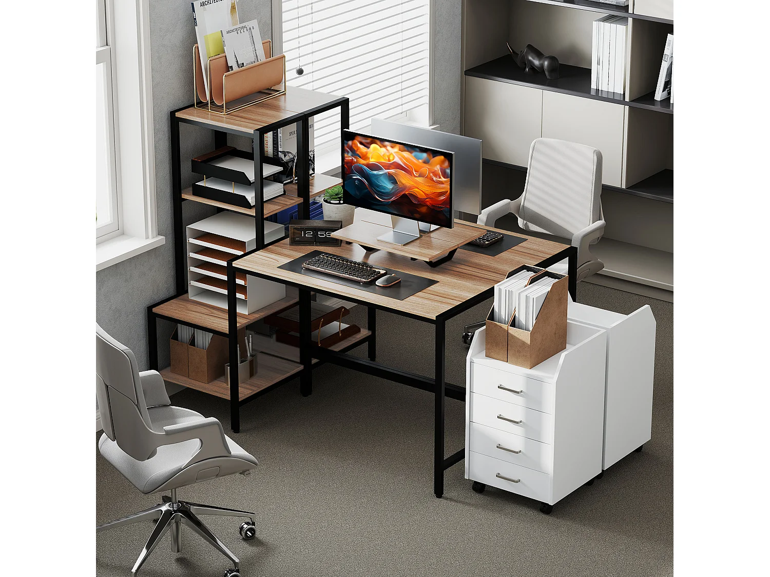 Scrivania con scaffale 4 ripiani e supporto per monitor marrone