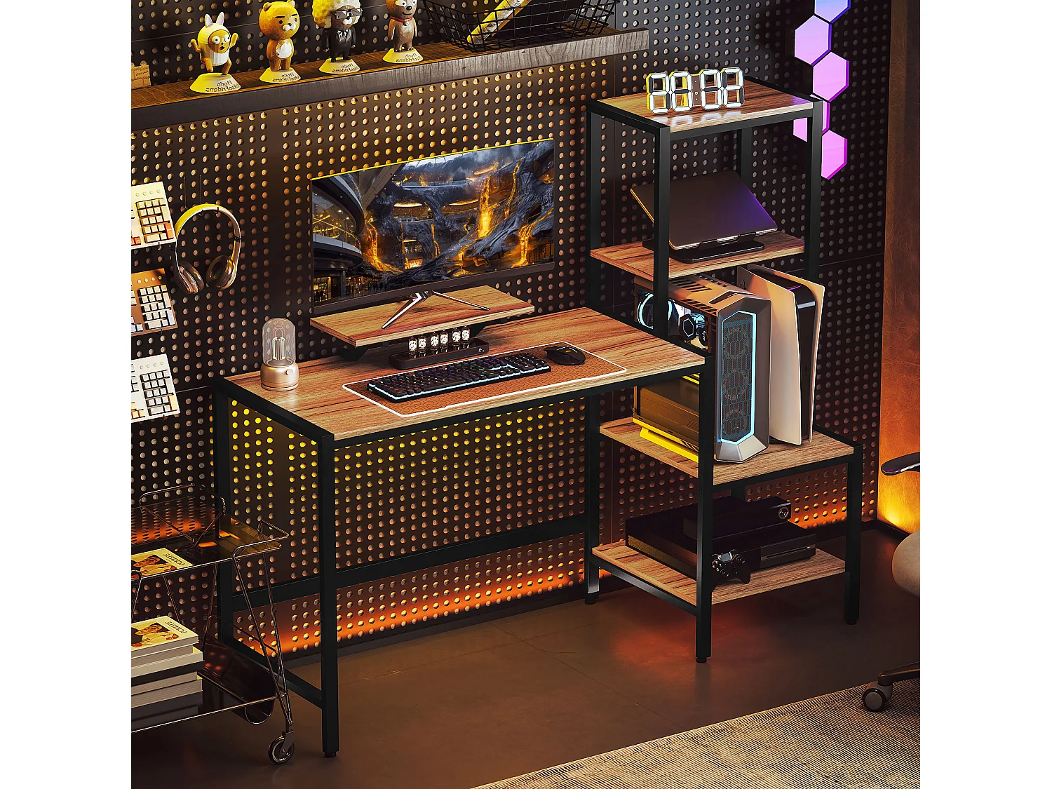 Scrivania con scaffale 4 ripiani e supporto per monitor marrone