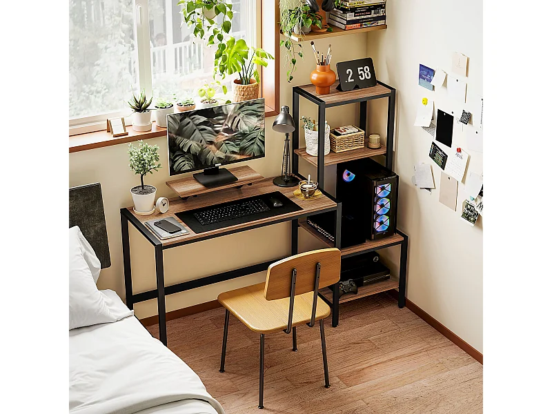 Scrivania con scaffale 4 ripiani e supporto per monitor marrone