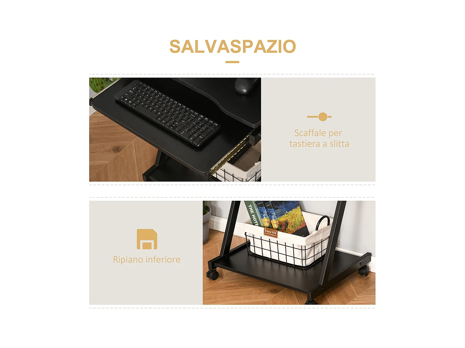 Tavolo porta pc classico piano tastiera in legno e ferro nero