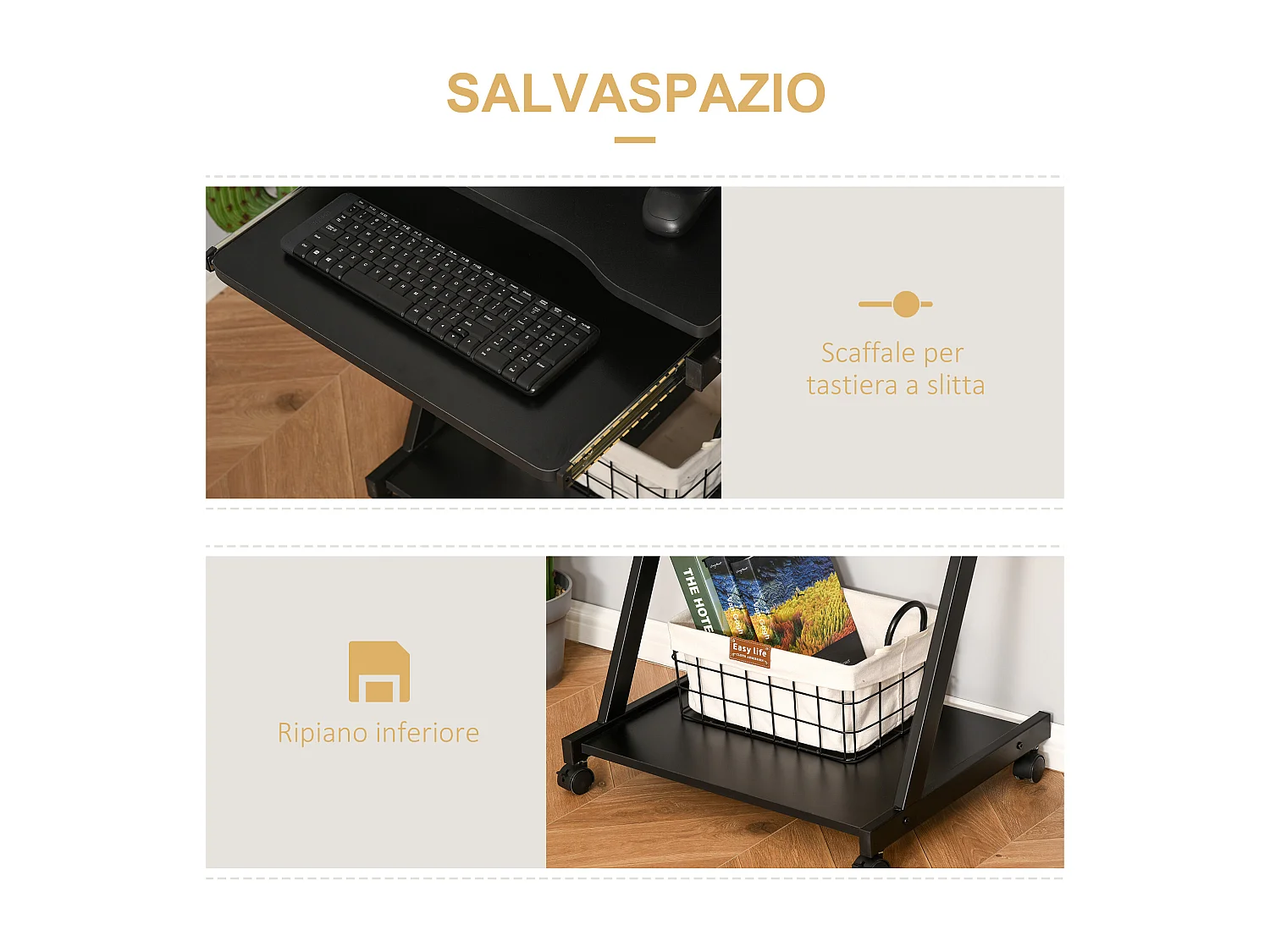 Tavolo porta pc classico piano tastiera in legno e ferro nero