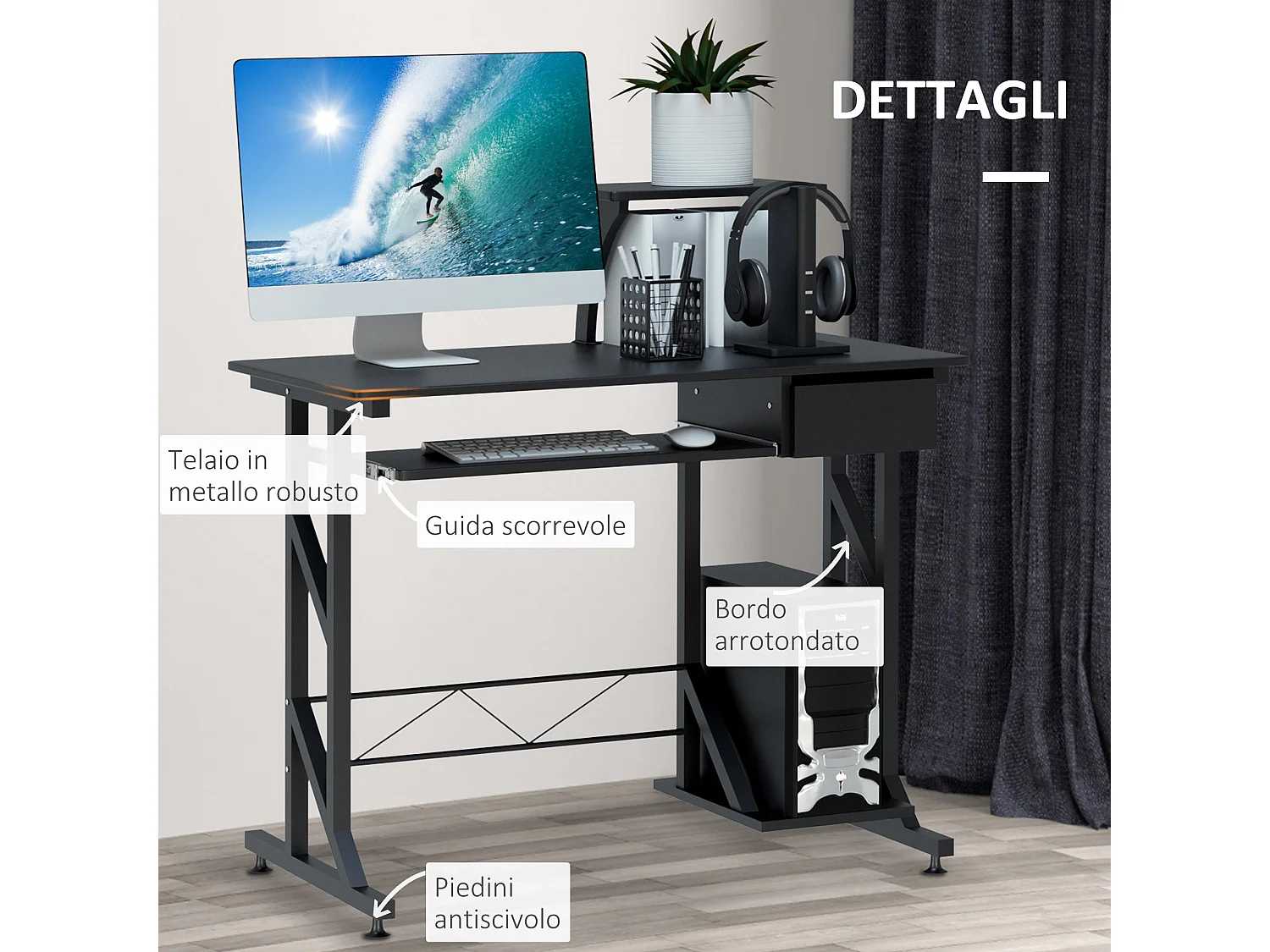 Scrivania per computer in acciaio e legno con cassetto e ripiano