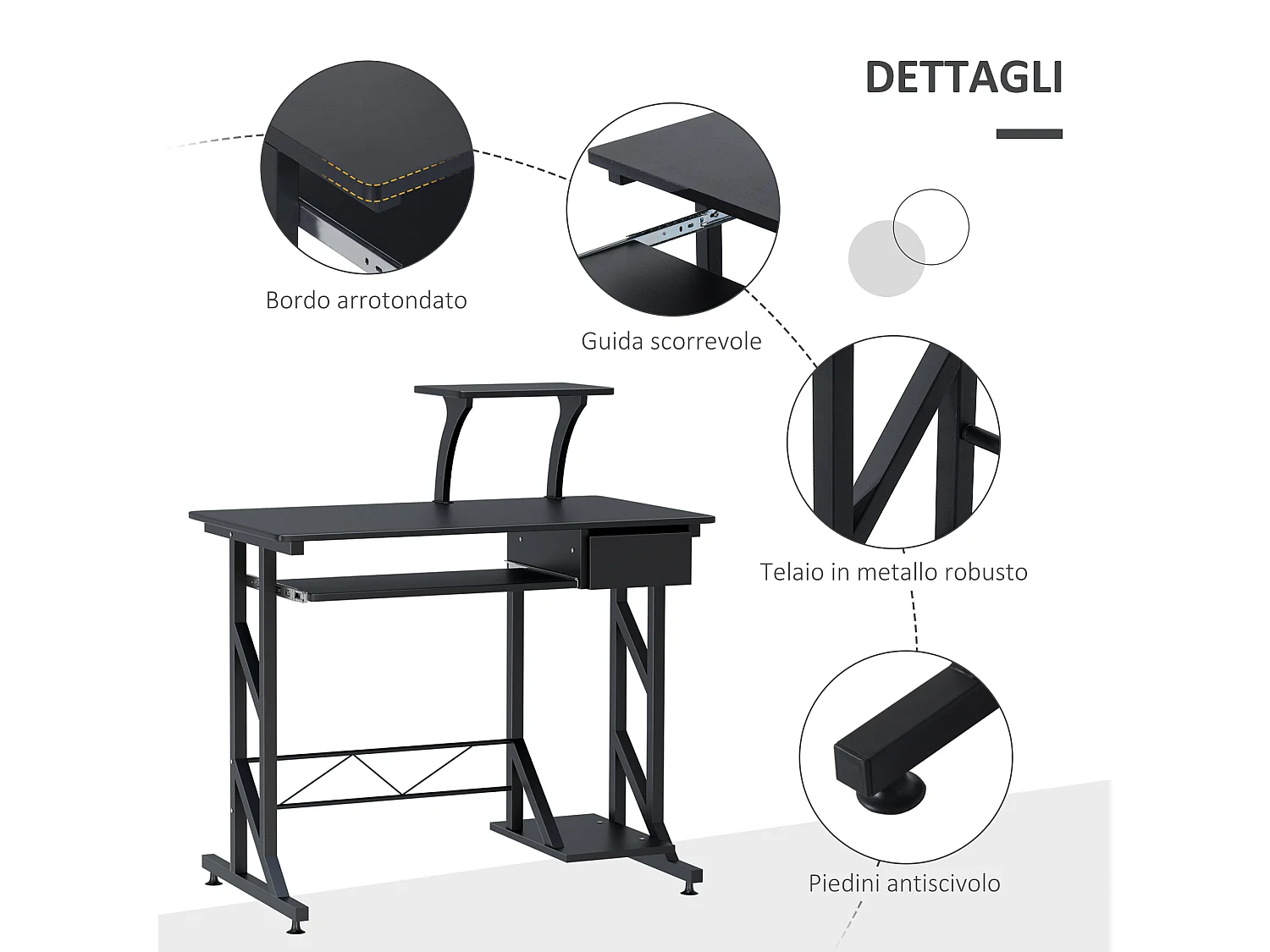Scrivania per computer in acciaio e legno con cassetto e ripiano