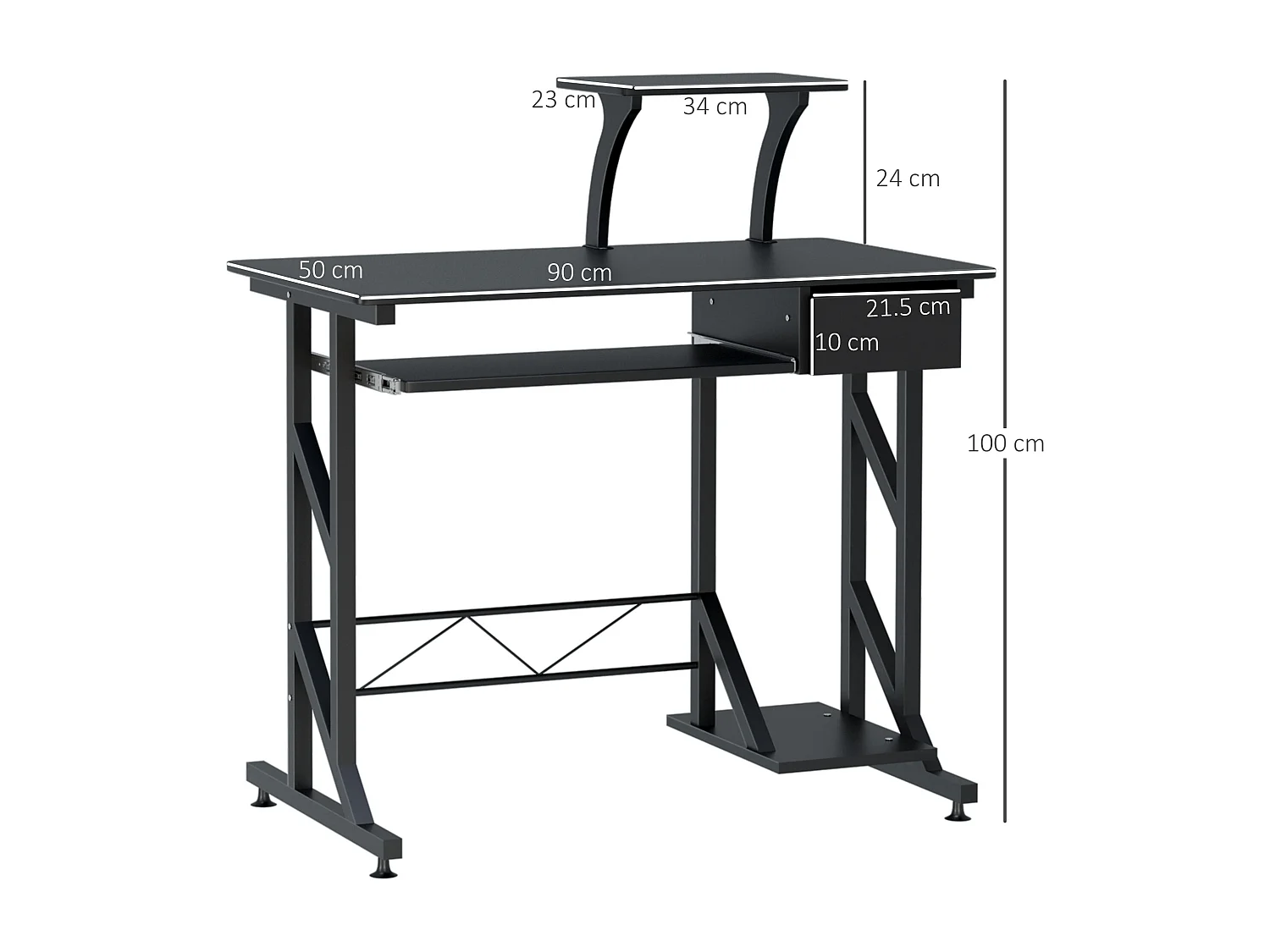 Scrivania per computer in acciaio e legno con cassetto e ripiano