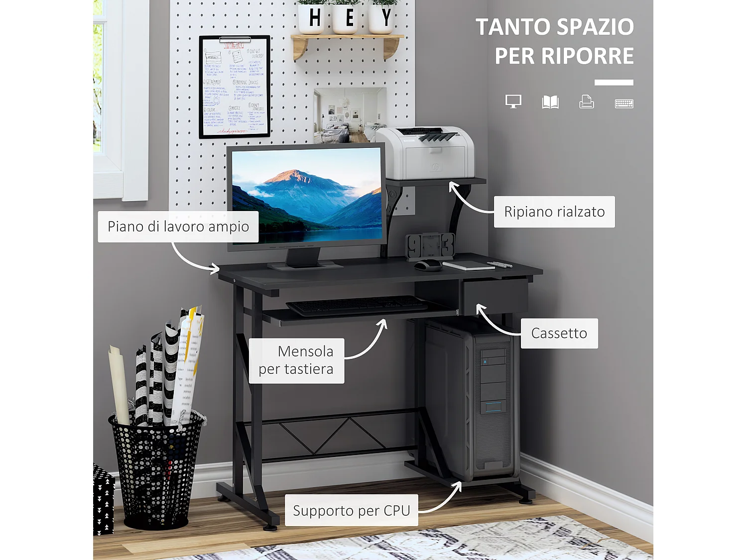 Scrivania per computer in acciaio e legno con cassetto e ripiano