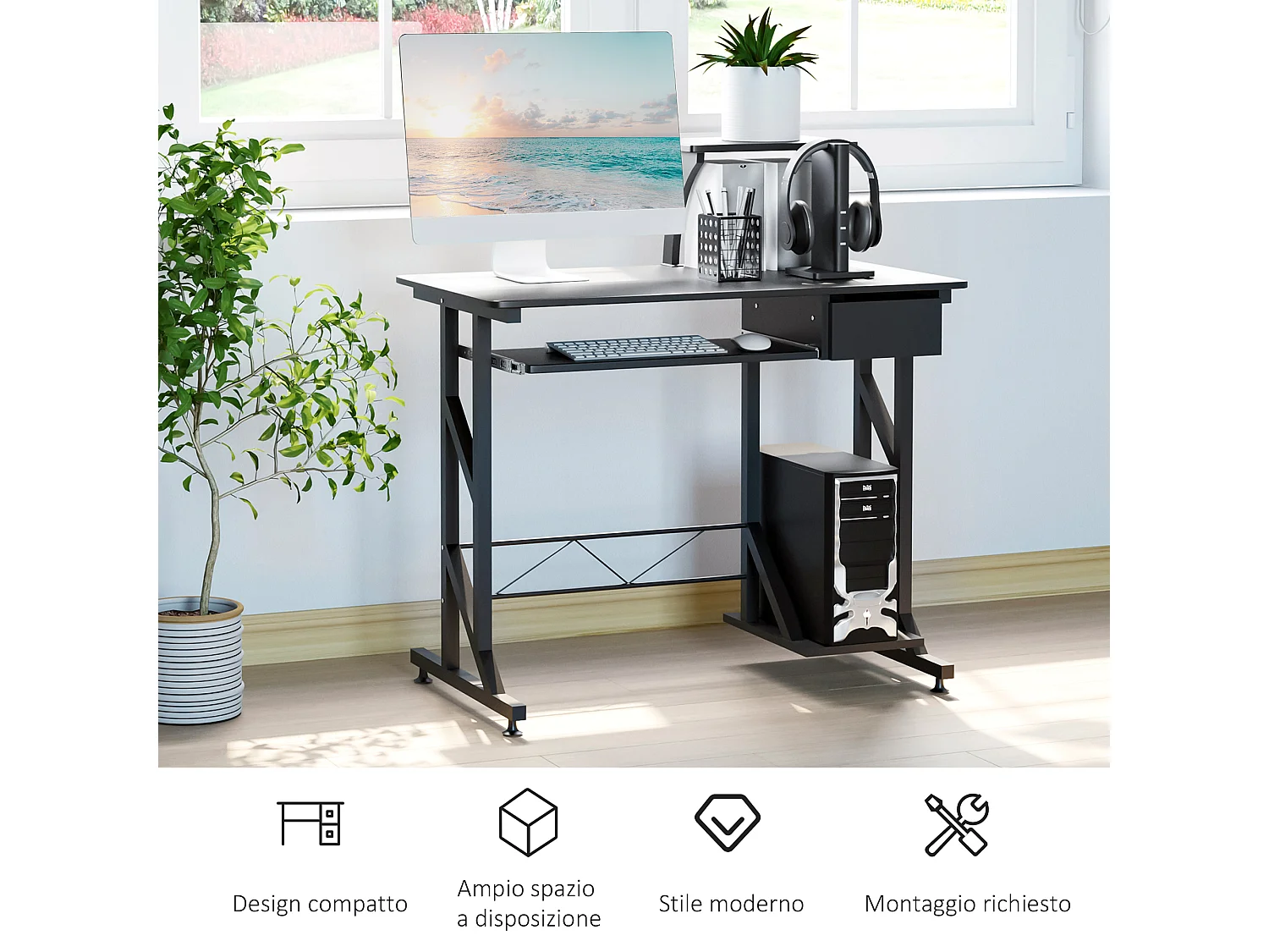 Scrivania per computer in acciaio e legno con cassetto e ripiano